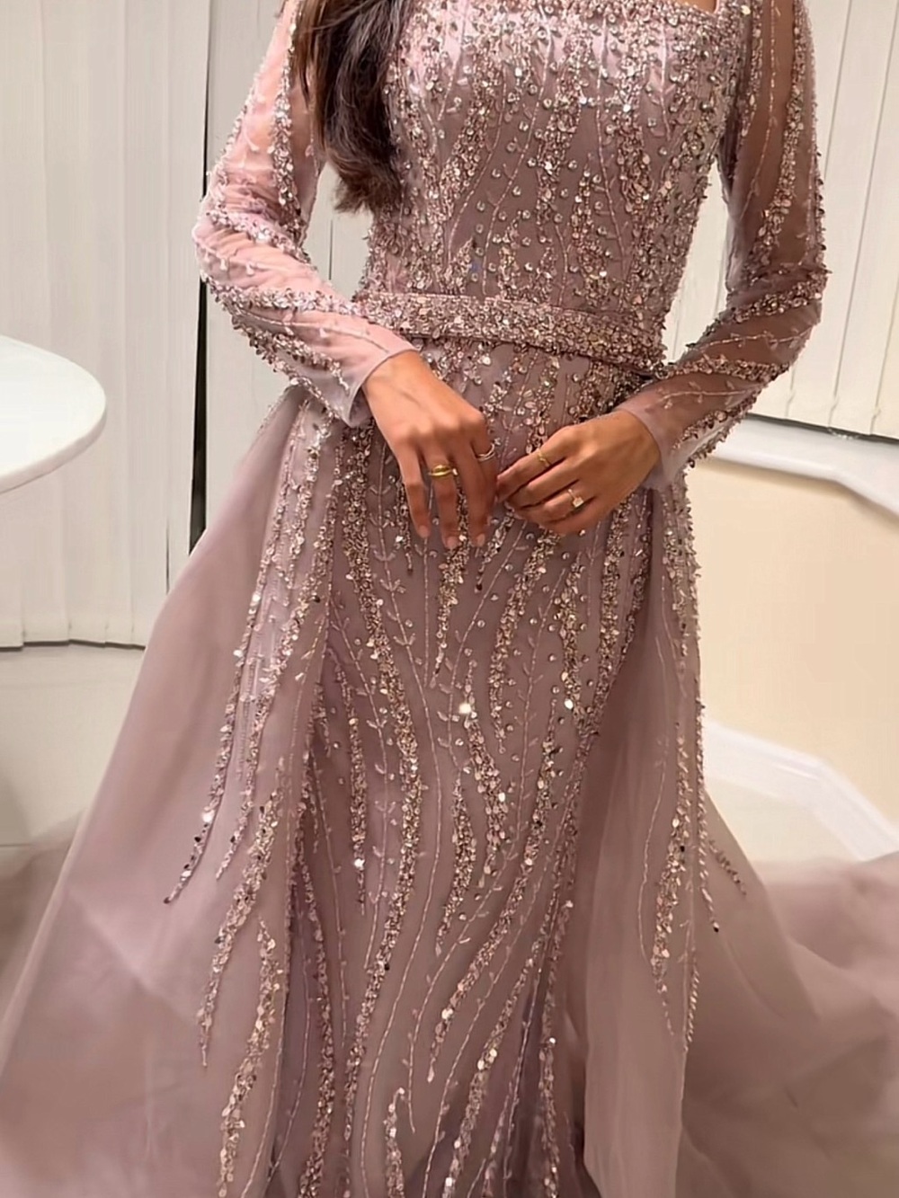 Embellished Long Sleeve Evening Gown - Dusty Rose
